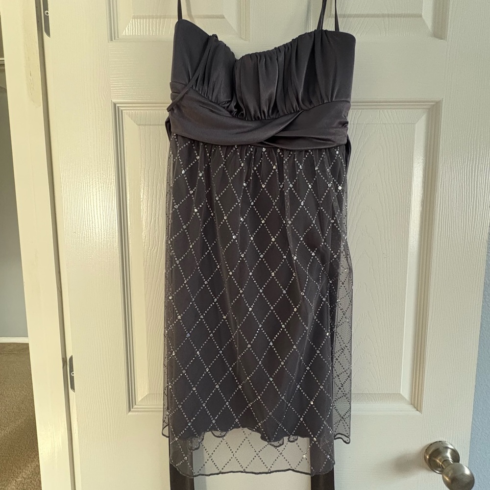 A. Byer Charcoal Dress with Sheer Sparkle Overlay